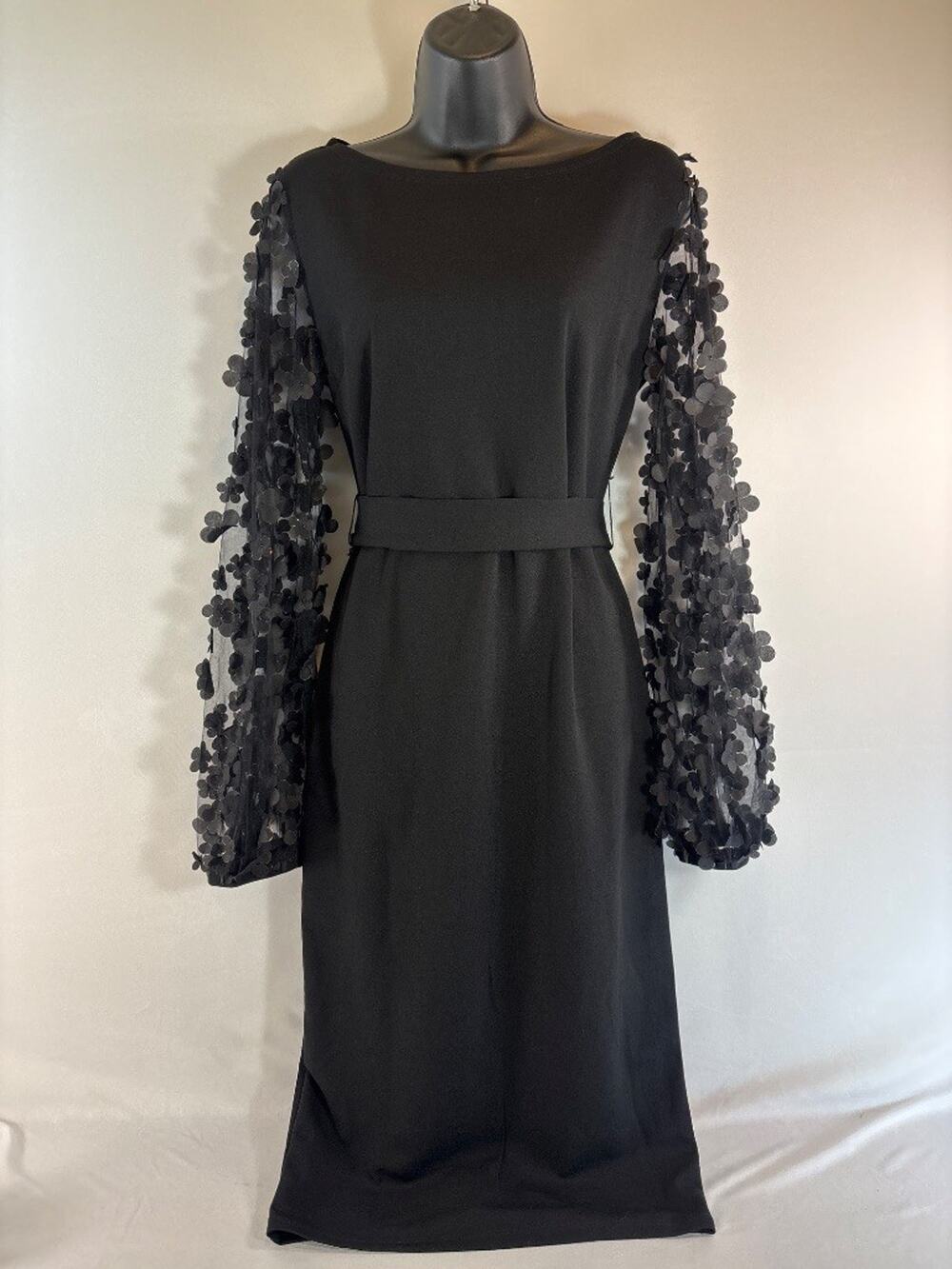Black Floral Appliqué Mesh Sleeve Belted Midi Dress Whimsigoth Size L